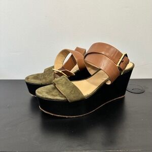 Veronica Beard Platform Wedge Hurley Sandals Olive Green and Brown